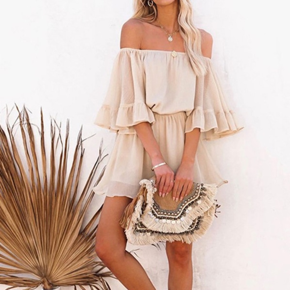 Creamy Off the Shoulder Ruffled Romper - Picture 2 of 3